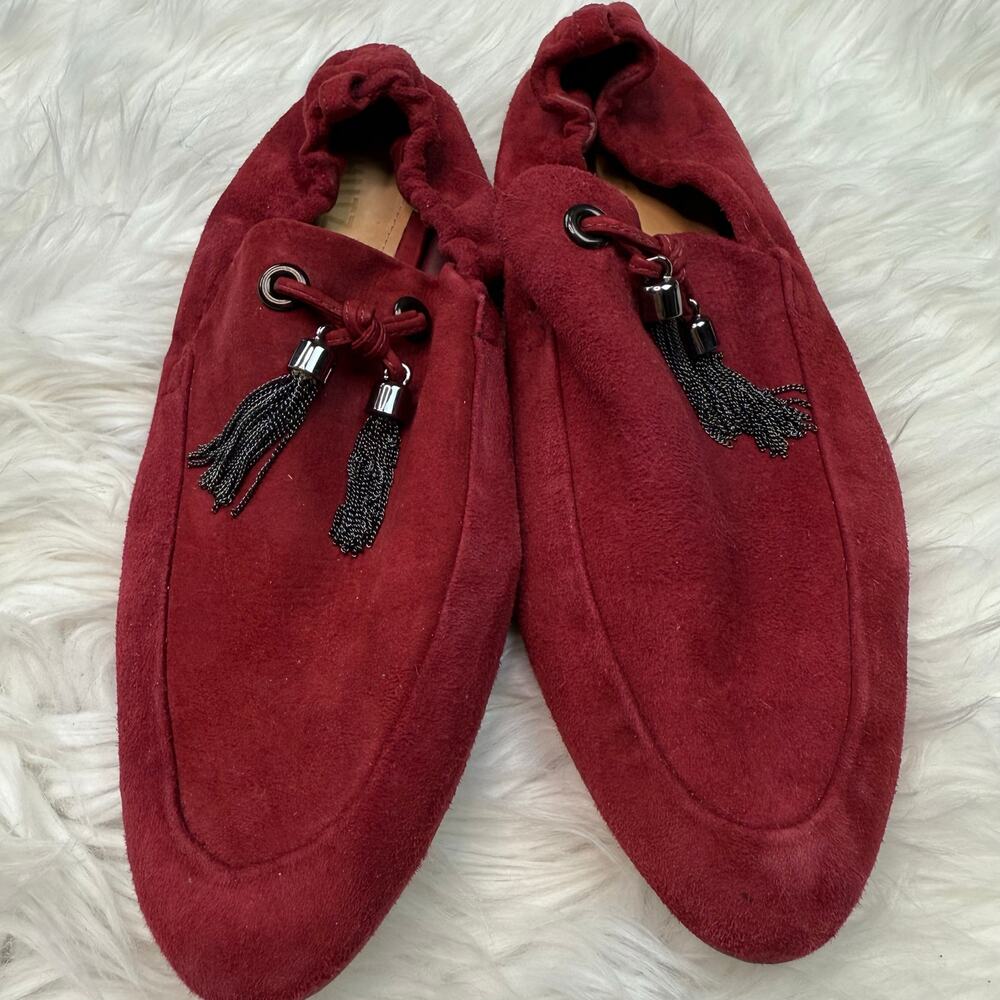 SCHUTZ Women's Maroon Suede Slip On Loafers Size 8.5B Tassels